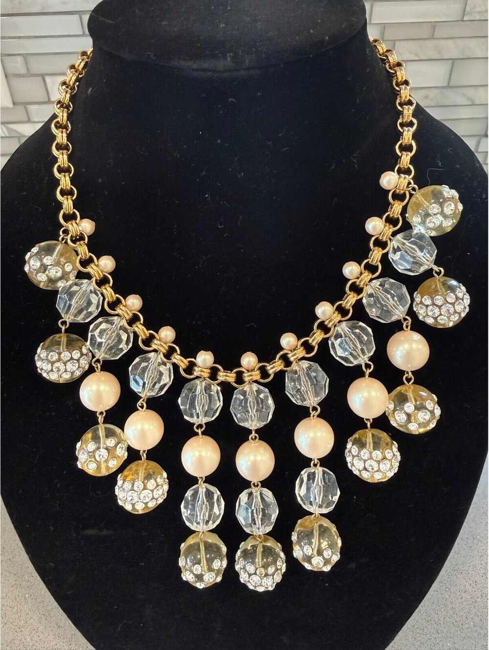 Vintage Kate Spade Gold Tone Faux Pearl Rhinestone Bead Bib Statement Necklace